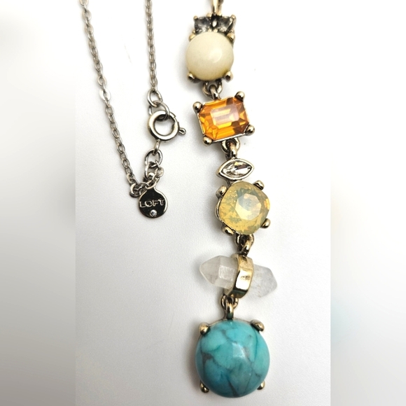๐ข3/$19๐ข LOFT Long Gemstone Necklace Gold Tone Real Quartz Faux Turquoise - Picture 7 of 7